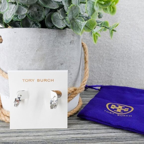 Tory Burch Serif-T Enamel Huggie Hoop Earrings Silver/Ivory OS - Picture 1 of 12